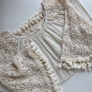 Velzera Cream Lace Tassel Off Shoulder Boho Blouse Cotton L